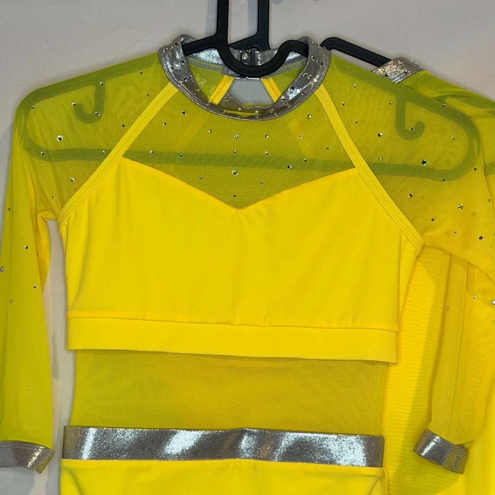 Double Platinum Kids Neon Yellow Rhinestone Dance Leotard with Skirt Size MC